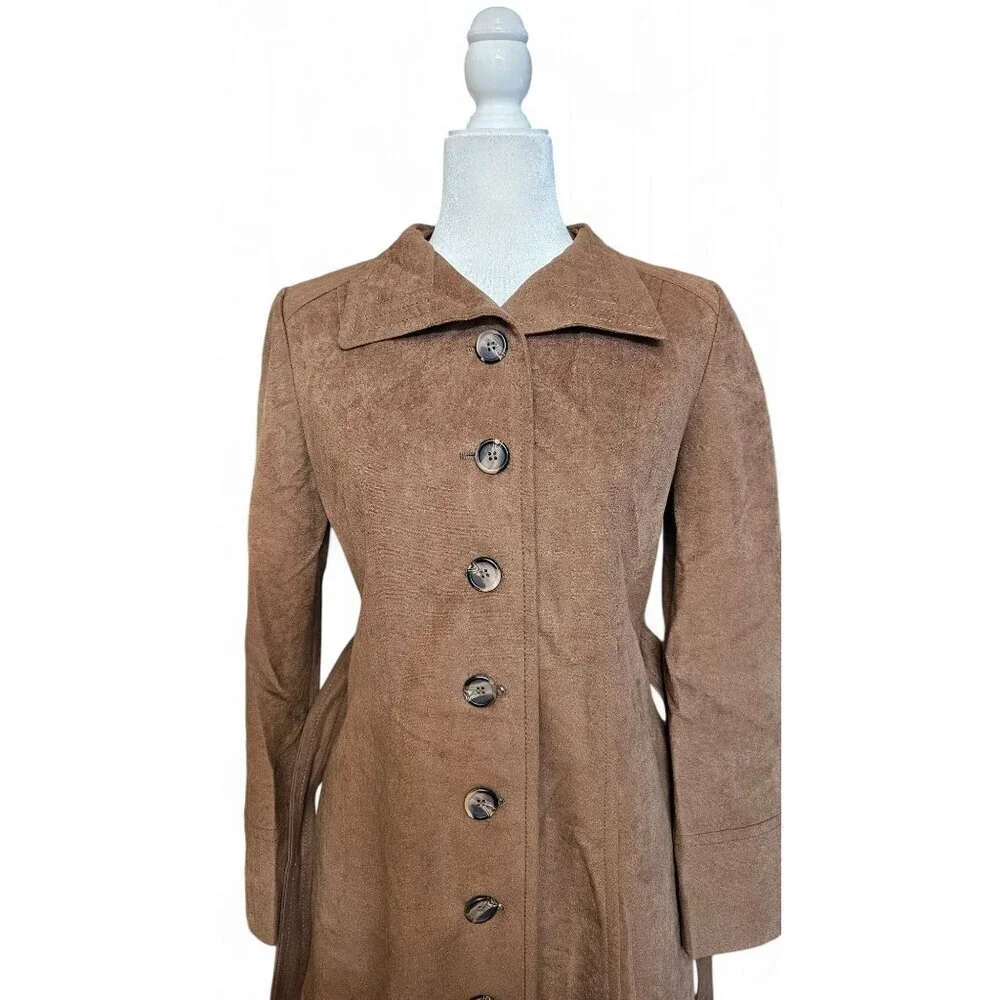 Vintage Mar-Del Mar Del brown long coat button up w/ belt repels rain &stains S - Picture 5 of 13